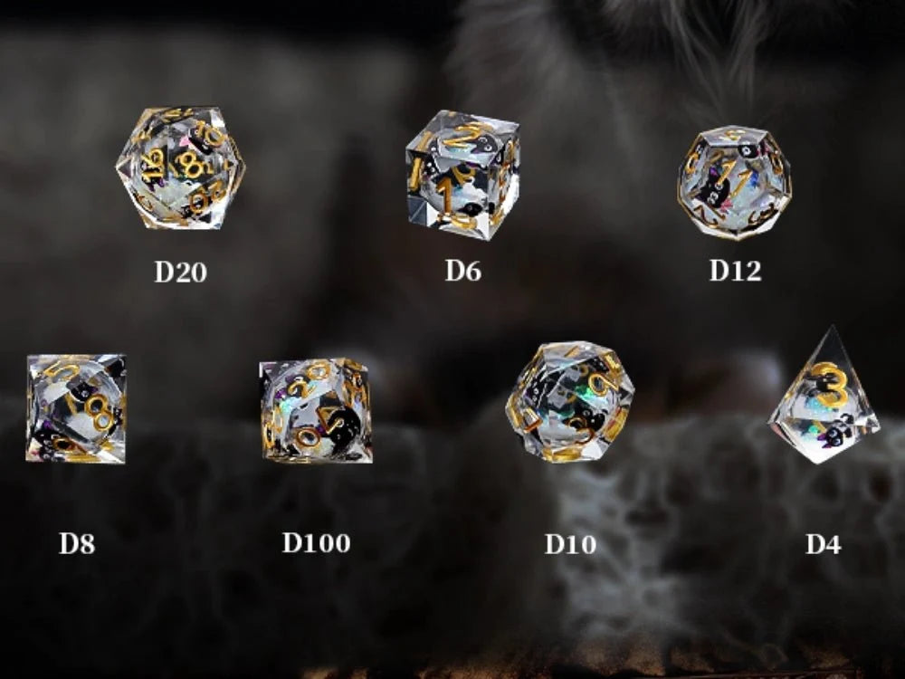 Cat Resin DND Dice Set – Eyes Cute – Cute, big-eyed black cat DND resin dice set with sharp edges and gold numbers (D4
