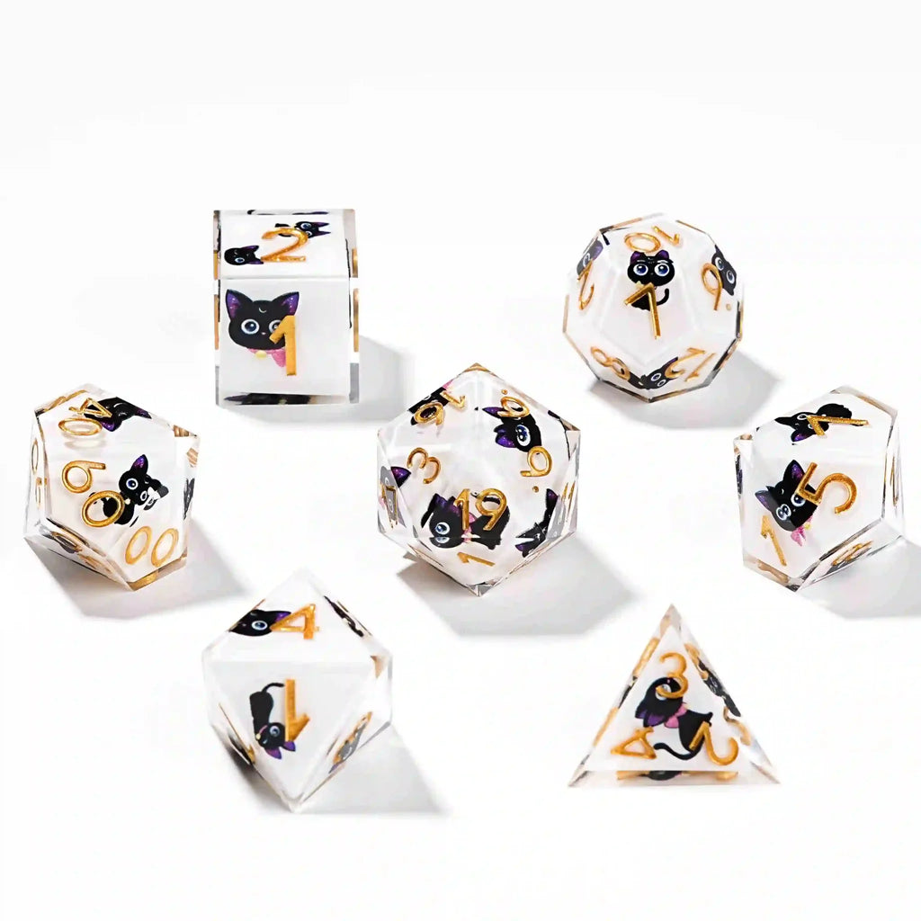 Cat Resin DND Dice Set – Eyes Cute – Sharp-edged white resin big-eyed black cat DND dice set with gold numbers