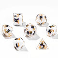 Cat Resin DND Dice Set – Eyes Cute – Sharp-edged white resin big-eyed black cat DND dice set with gold numbers