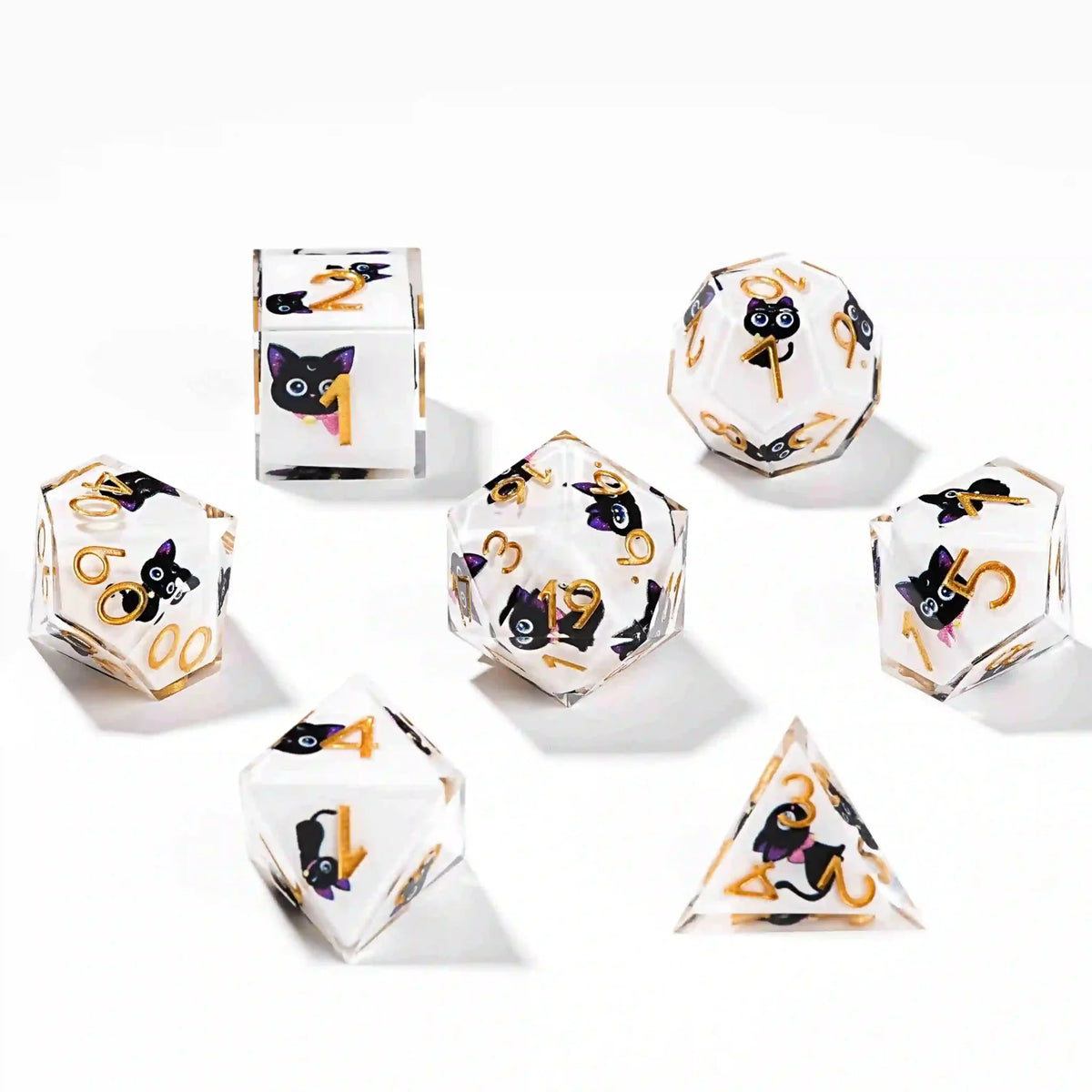 Cat Resin DND Dice Set – Eyes Cute – Sharp-edged white resin big-eyed black cat DND dice set with gold numbers