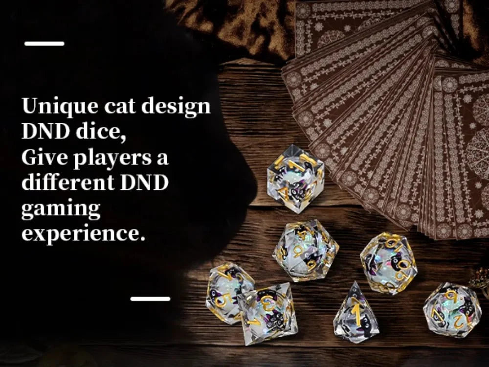Cat Resin DND Dice Set – Eyes Cute – A set of sharp resin dice with gold numbers (D4, D6, D8, D10, D12, D10%, and D20)