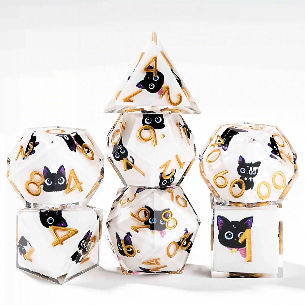 Cat Resin DND Dice Set – Eyes Cute – A set of sharp white resin DND dice featuring a cute black cat with purple ears