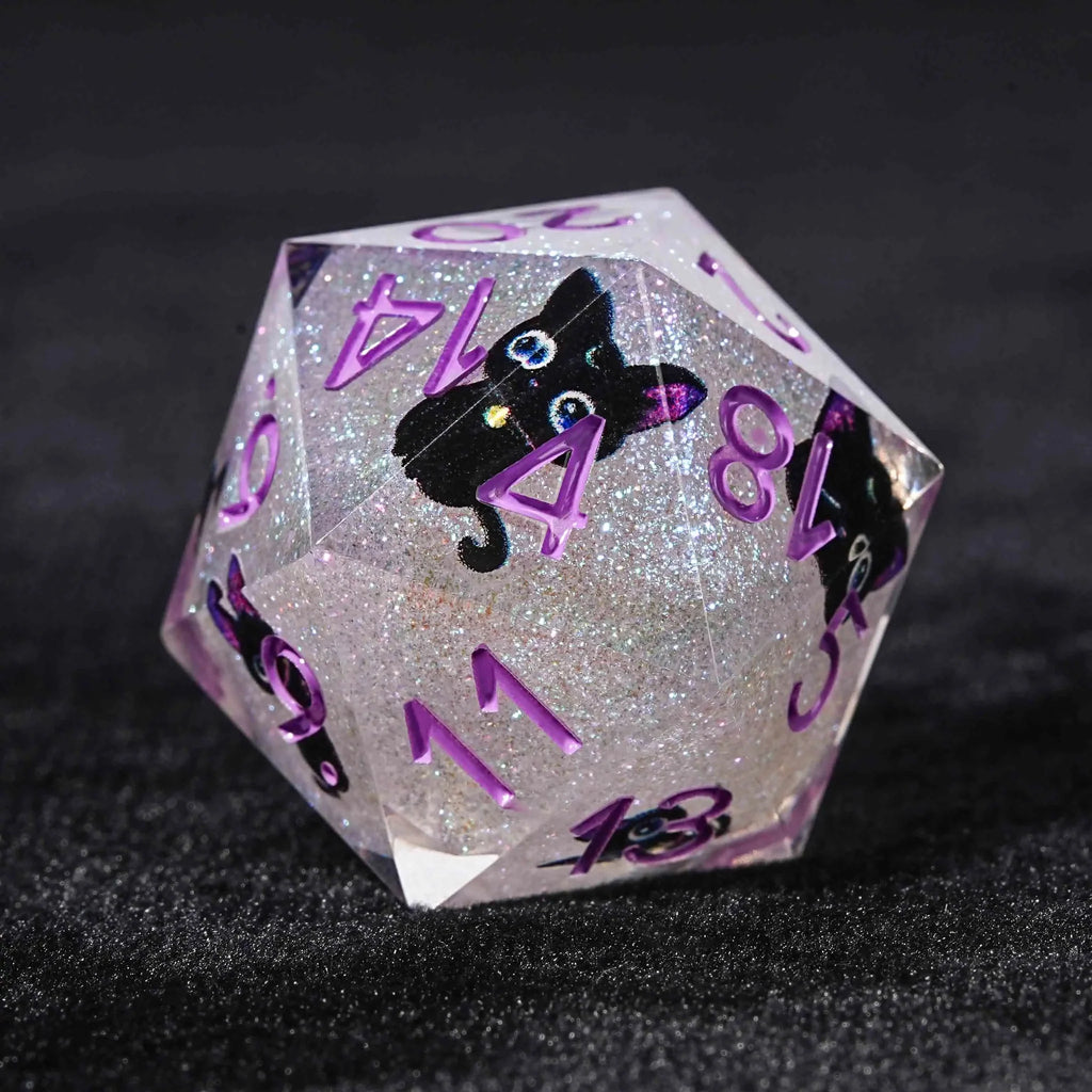 Cat Resin DND Dice Set – Eyes Cute – These glitter resin DND D20 dice feature clear purple numbers and a cute black cat