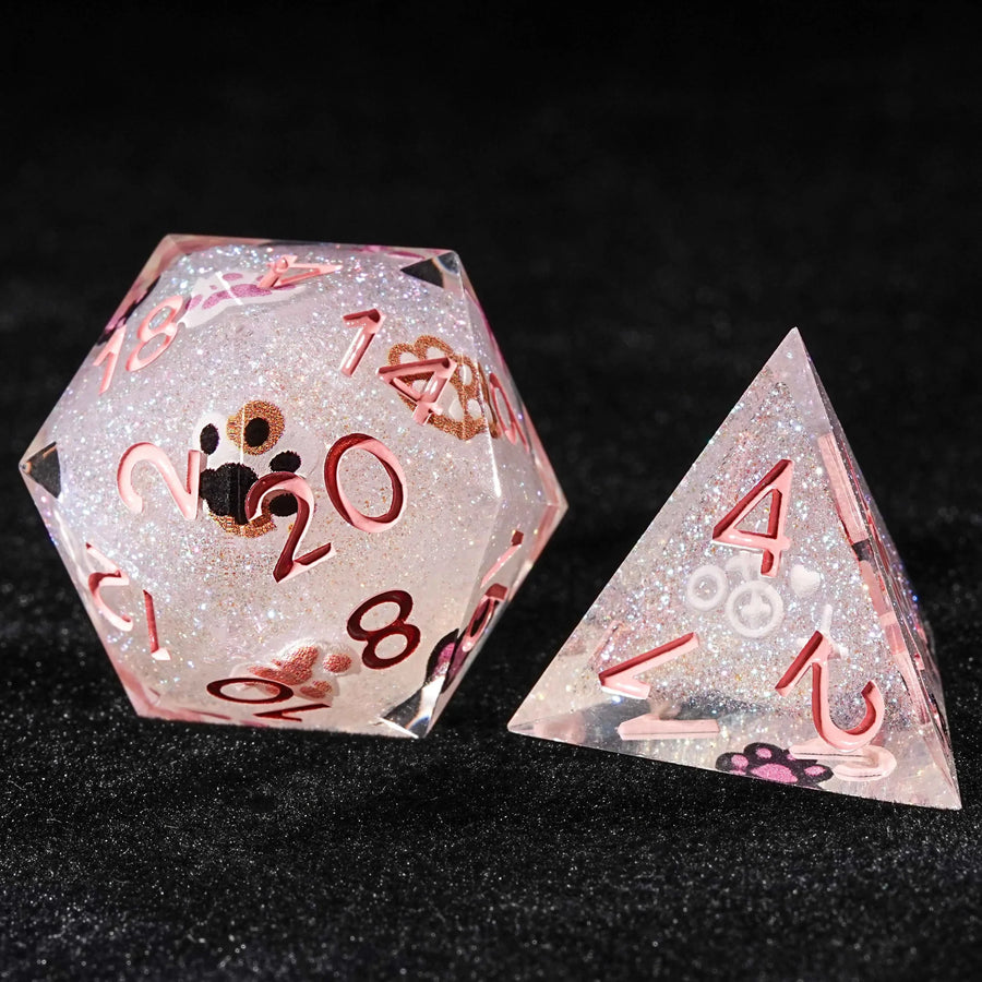 Cat Resin DND Dice Set – Glitter – Pink Glitter Resin DND Polyhedron D20 and D4 Dice with pink numbers and various cute