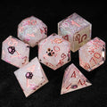 Cat Resin DND Dice Set – Glitter – Pink glitter resin DND polyhedron dice set with pink numbers and assorted cute cat