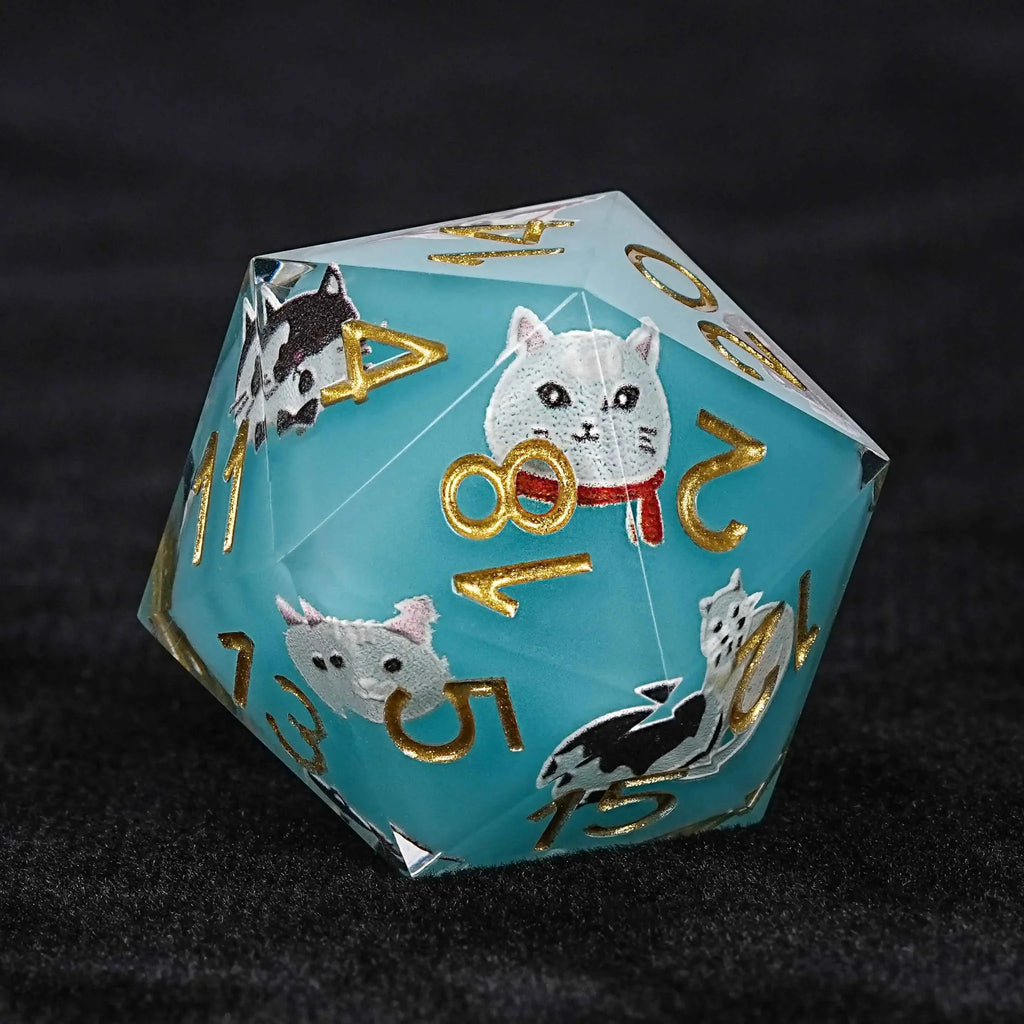 Cat Resin DND Dice Set – Gold Numbers – Blues – Vintage blues cat resin dnd dice set + gold numbers