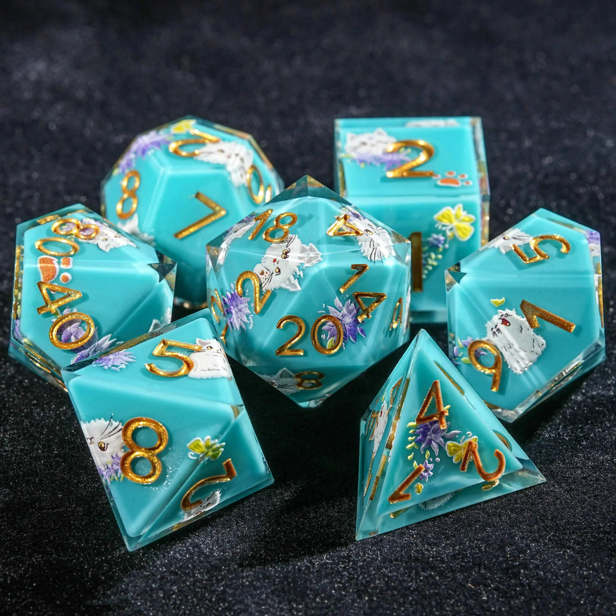 Cat Resin DND Dice Set – Gold Numbers – Boost Fairy – Cute plush white cat blue resin DND dice set with gold-engraved
