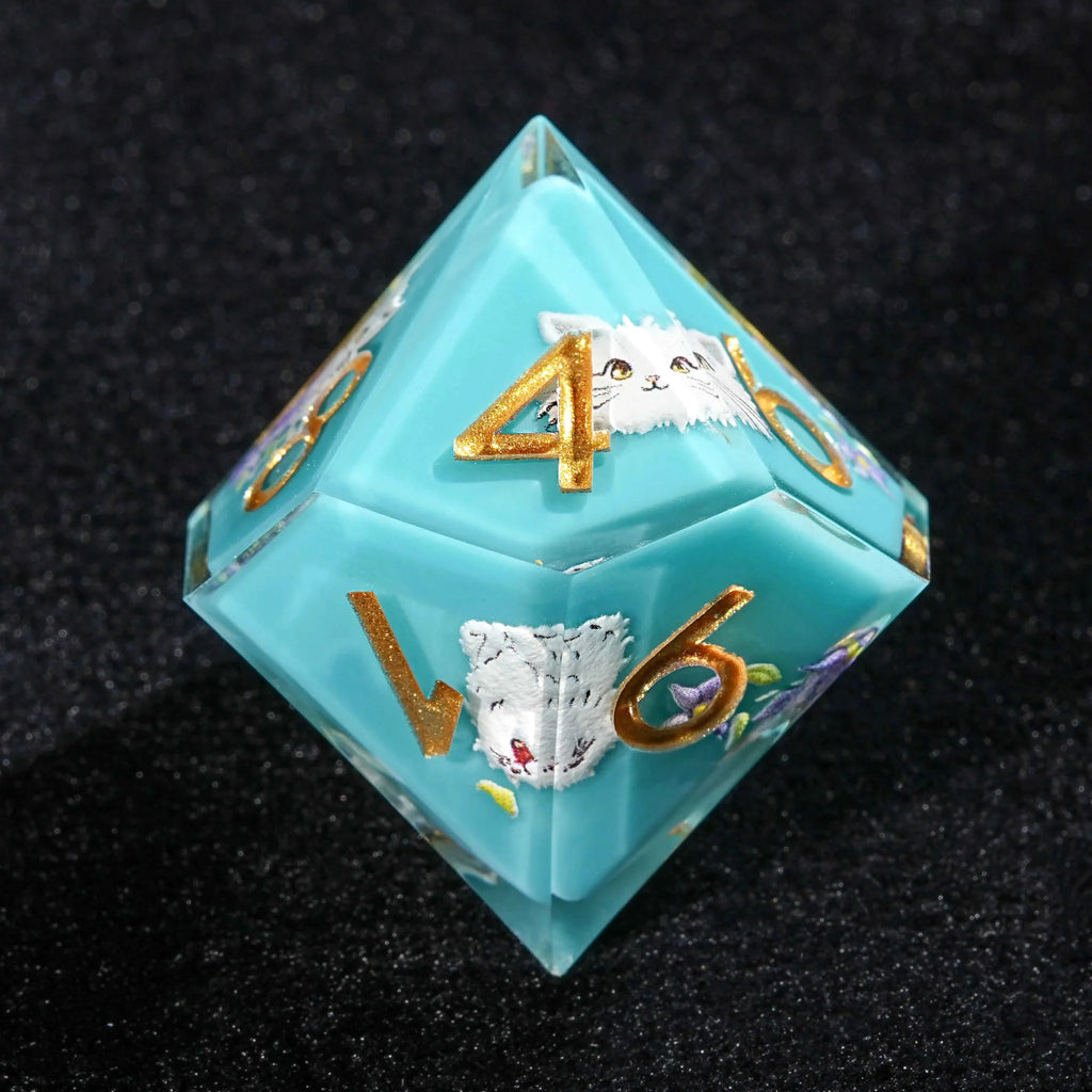Cat Resin DND Dice Set – Gold Numbers – Boost Fairy – Cute plush white cat blue resin DND D8 dice with gold engraved