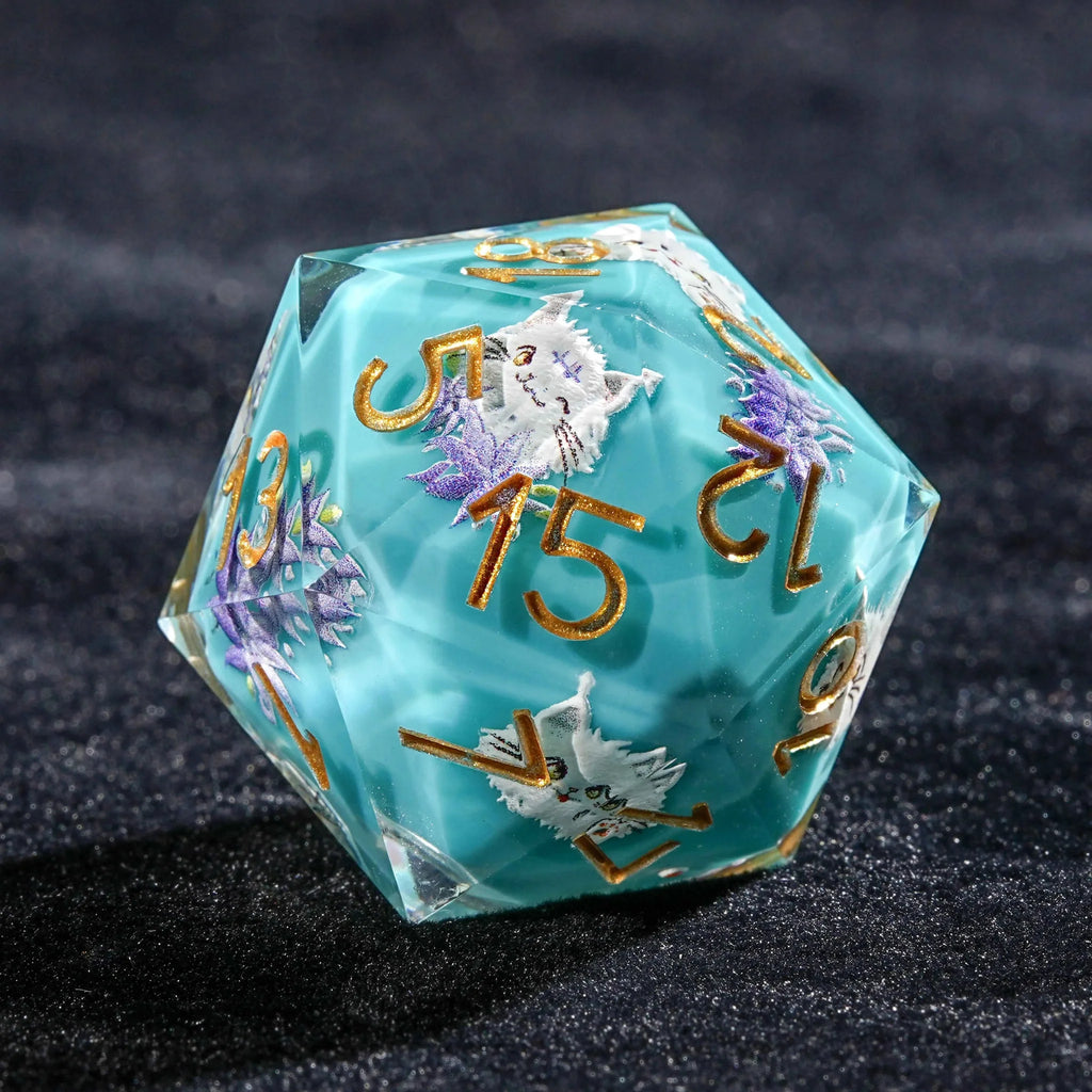 Cat Resin DND Dice Set – Gold Numbers – Boost Fairy – Cute plush white cat, blue resin DND 20-sided dice with gold
