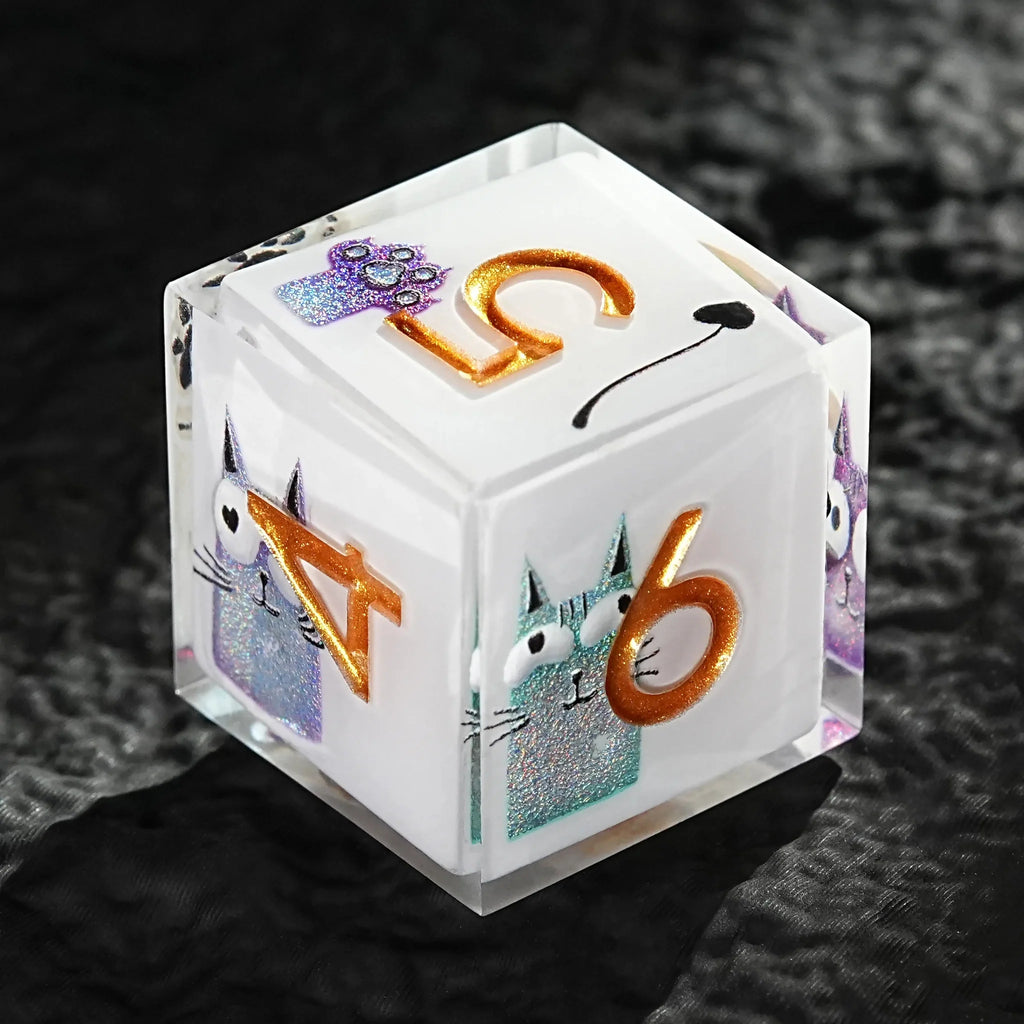 Cat Resin DND Dice Set – Gold Numbers – Smiley – Custom DND polyhedral sticker dice, white transparent resin D6 dice