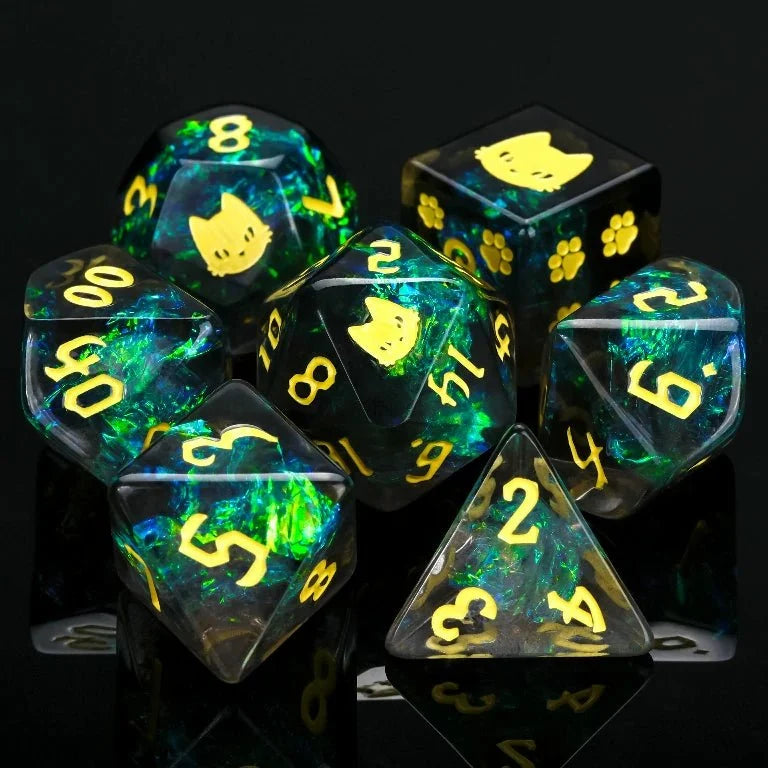 Cat Resin DND Dice Set – Kickstarter Mysterious – Kickstarter Halloween Trickster Dice - Kickstarter Black Resin DND