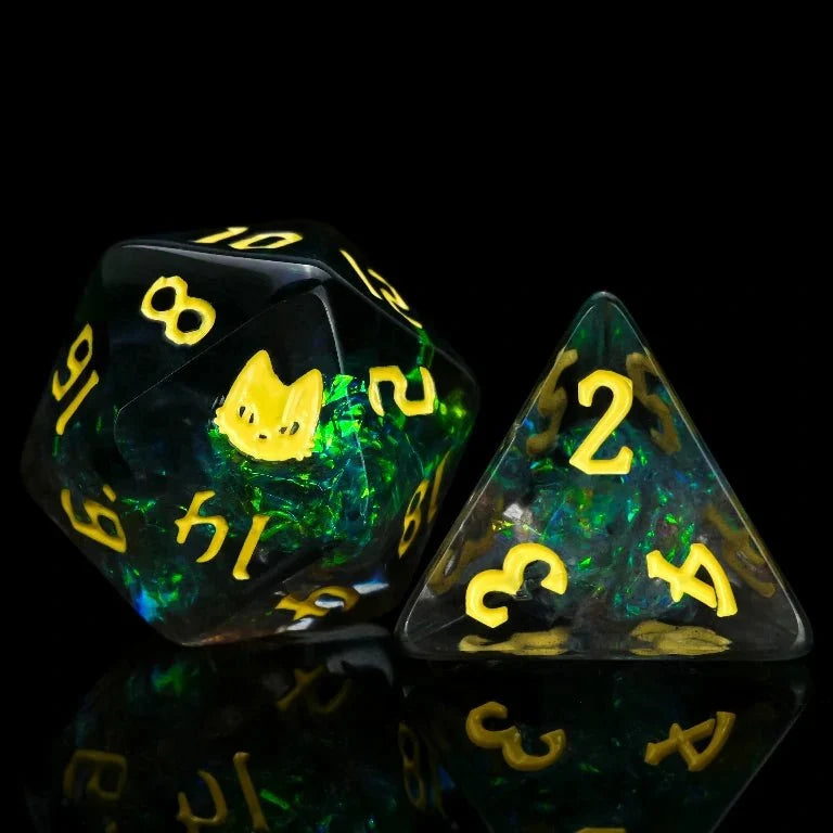 Cat Resin DND Dice Set – Kickstarter Mysterious – Kickstarter Trickster Dice - Dark Black Resin Mysterious Cat DND D20