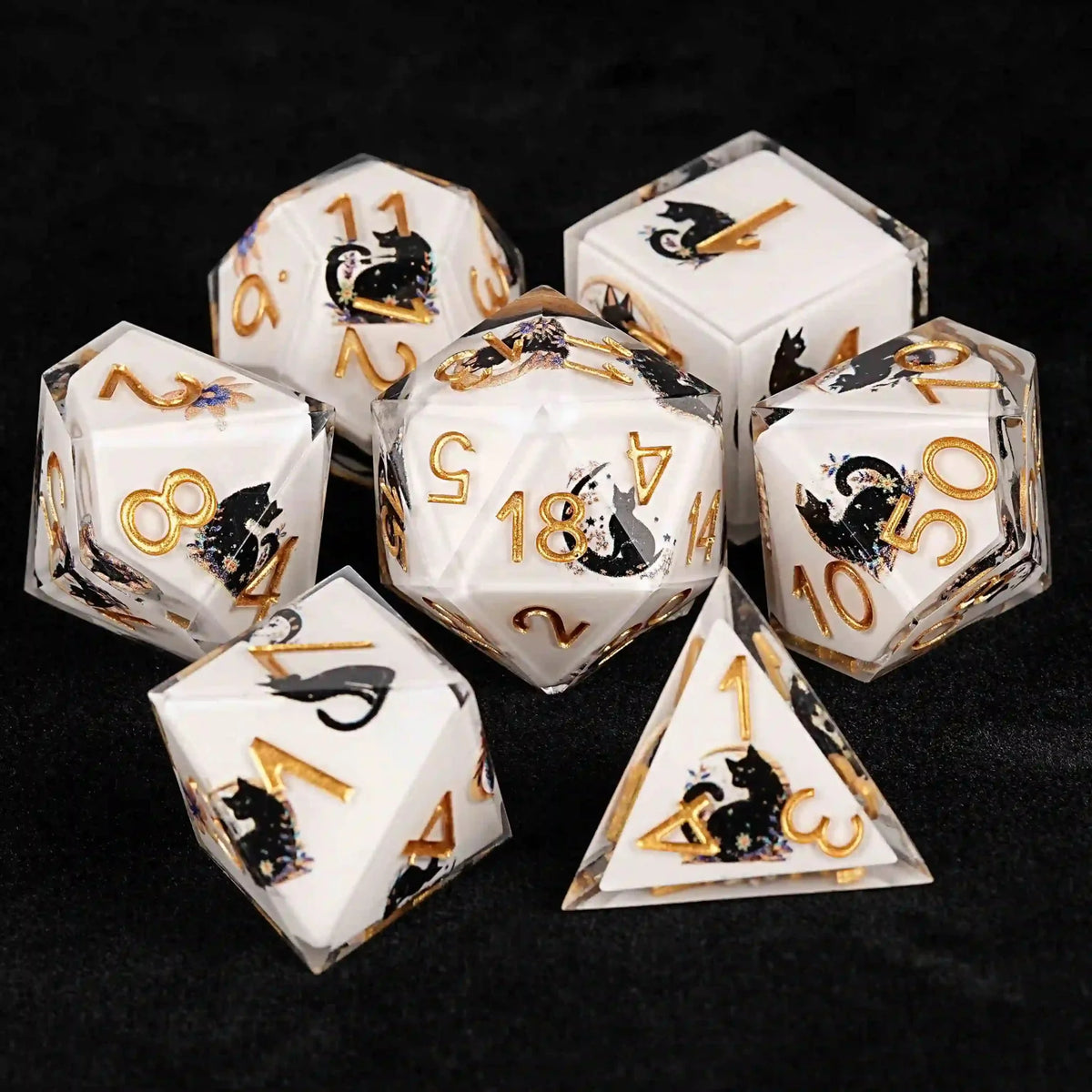 Cat Resin DND Dice Set – Moon Nightshade – Moon Night Shadow Cat Guardian Unusual White Resin DnD Dice Set