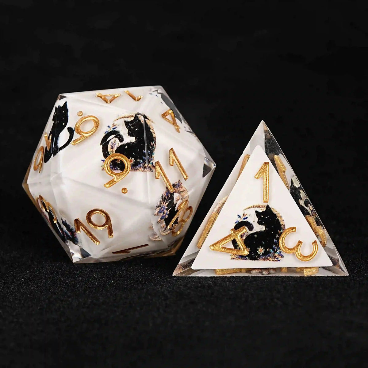 Cat Resin DND Dice Set – Moon Nightshade – Moon Night Shadow Cat Guardian Unusual White Resin DnD Dice Set