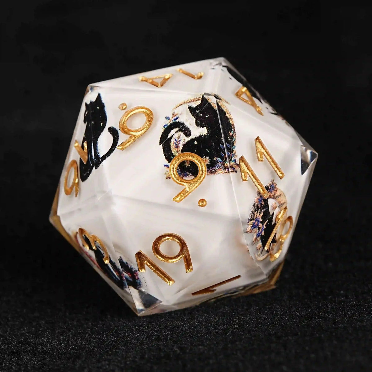 Cat Resin DND Dice Set – Moon Nightshade – Moon Night Shadow Cat Guardian Unusual White Resin DnD Dice Set