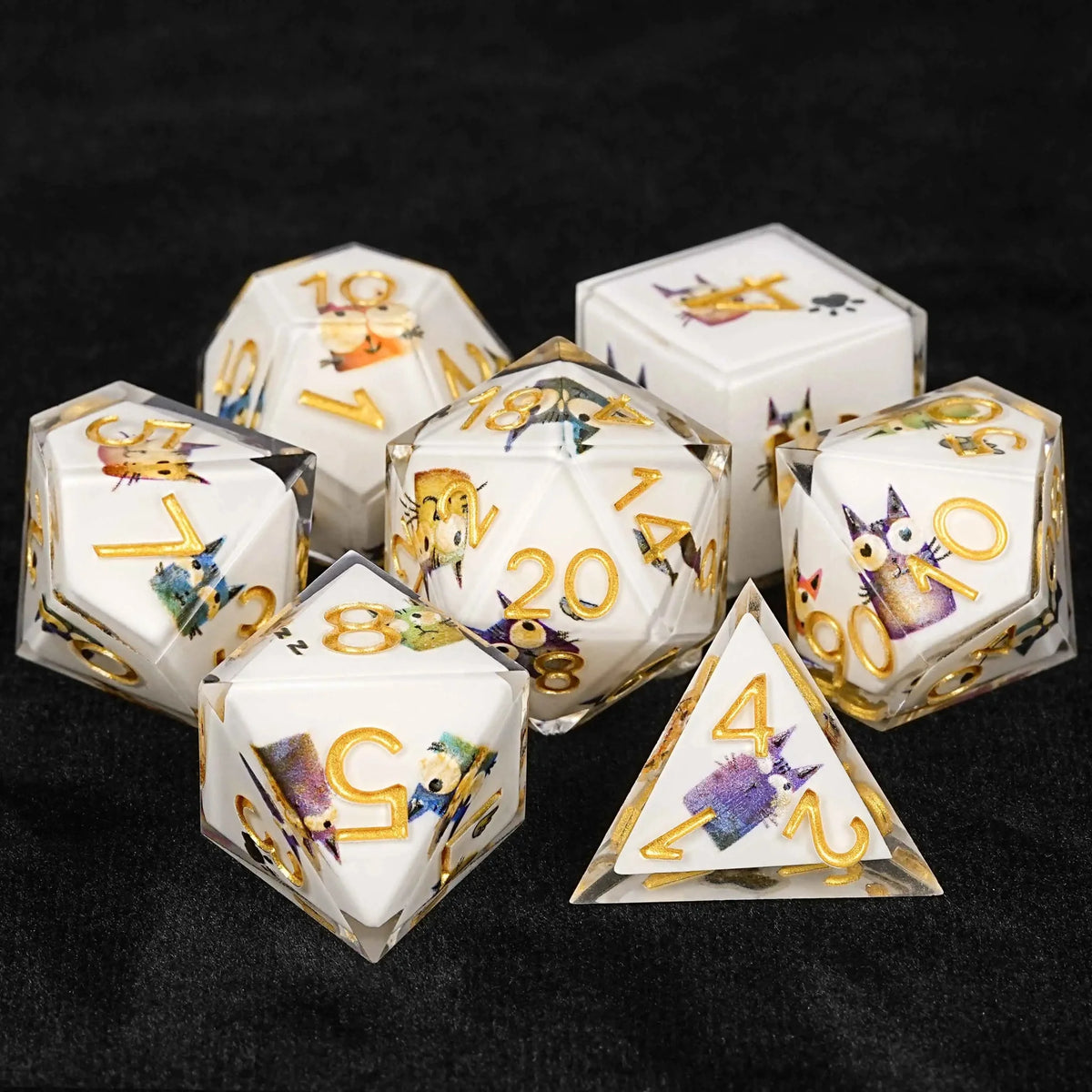 Cat Resin DND Dice Set – Smiley Cartoon – Unique dice set: Cute cartoon laughing cat resin dnd dice set