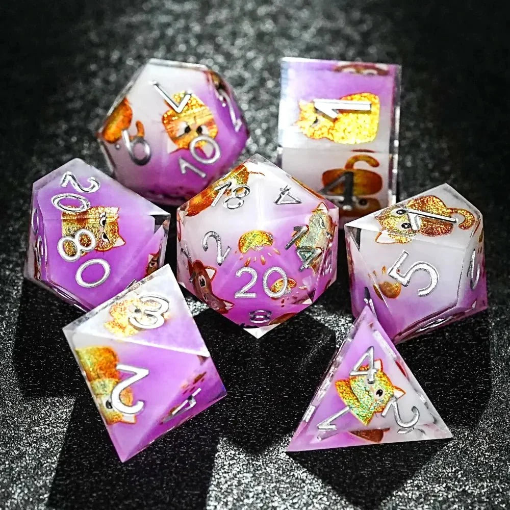 Cat Resin RPG Dice Set – Exquisite cat - themed purple resin dice set
