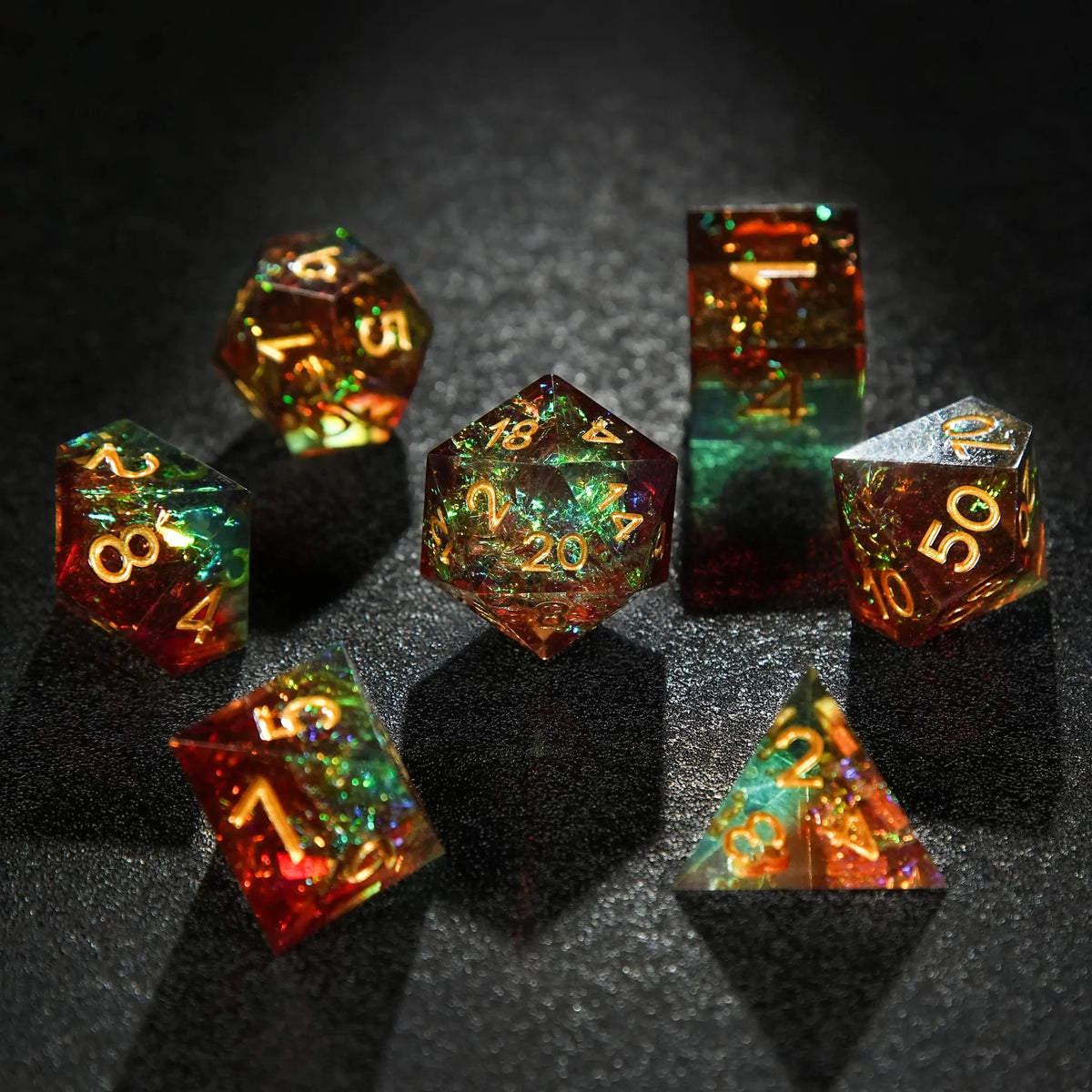 Character Resin DND Dice Set – Gold Numbers – Brown Green Resin DND Dice Set + Gold Font