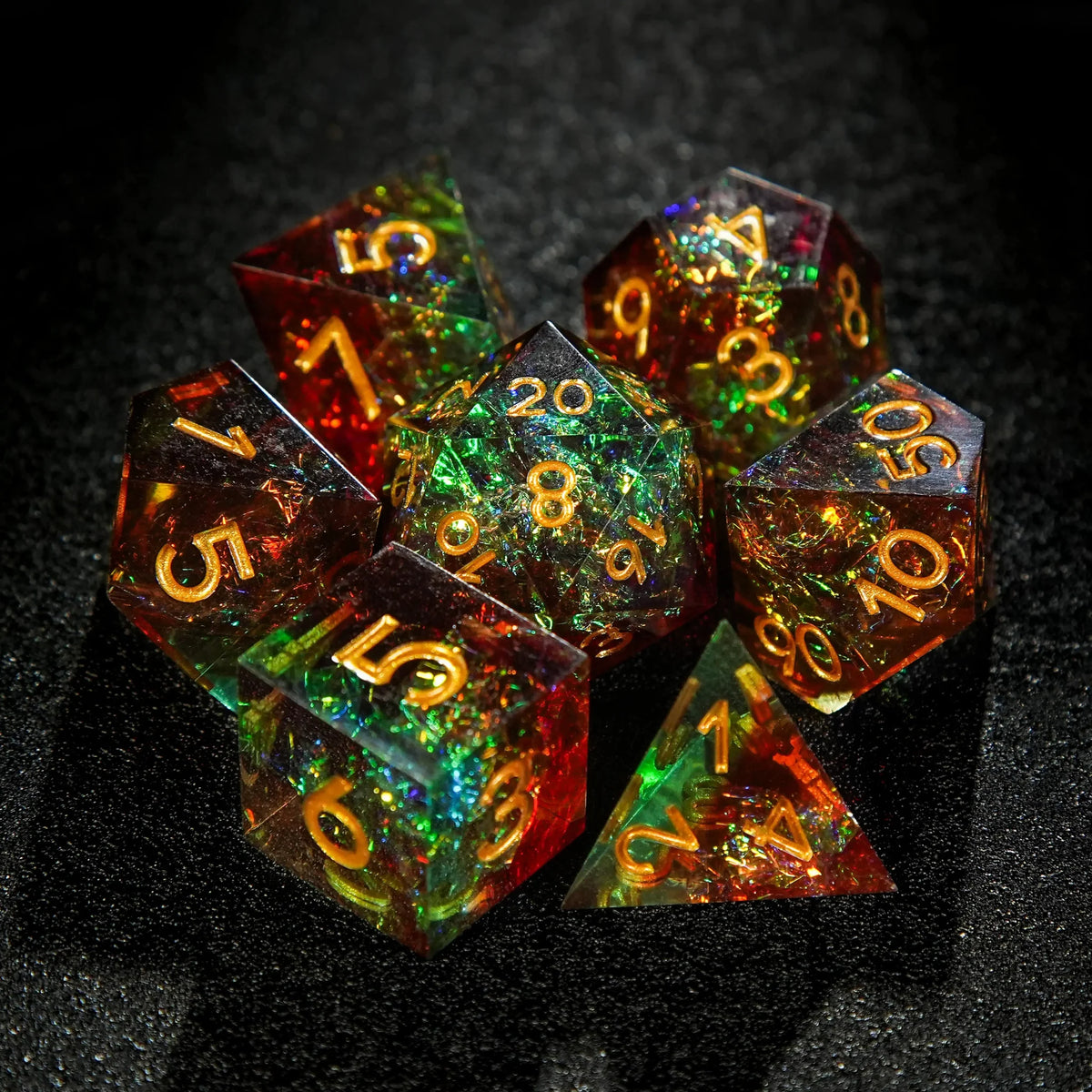 Character Resin DND Dice Set – Gold Numbers – Brown Green Resin DND Dice Set + Gold Font