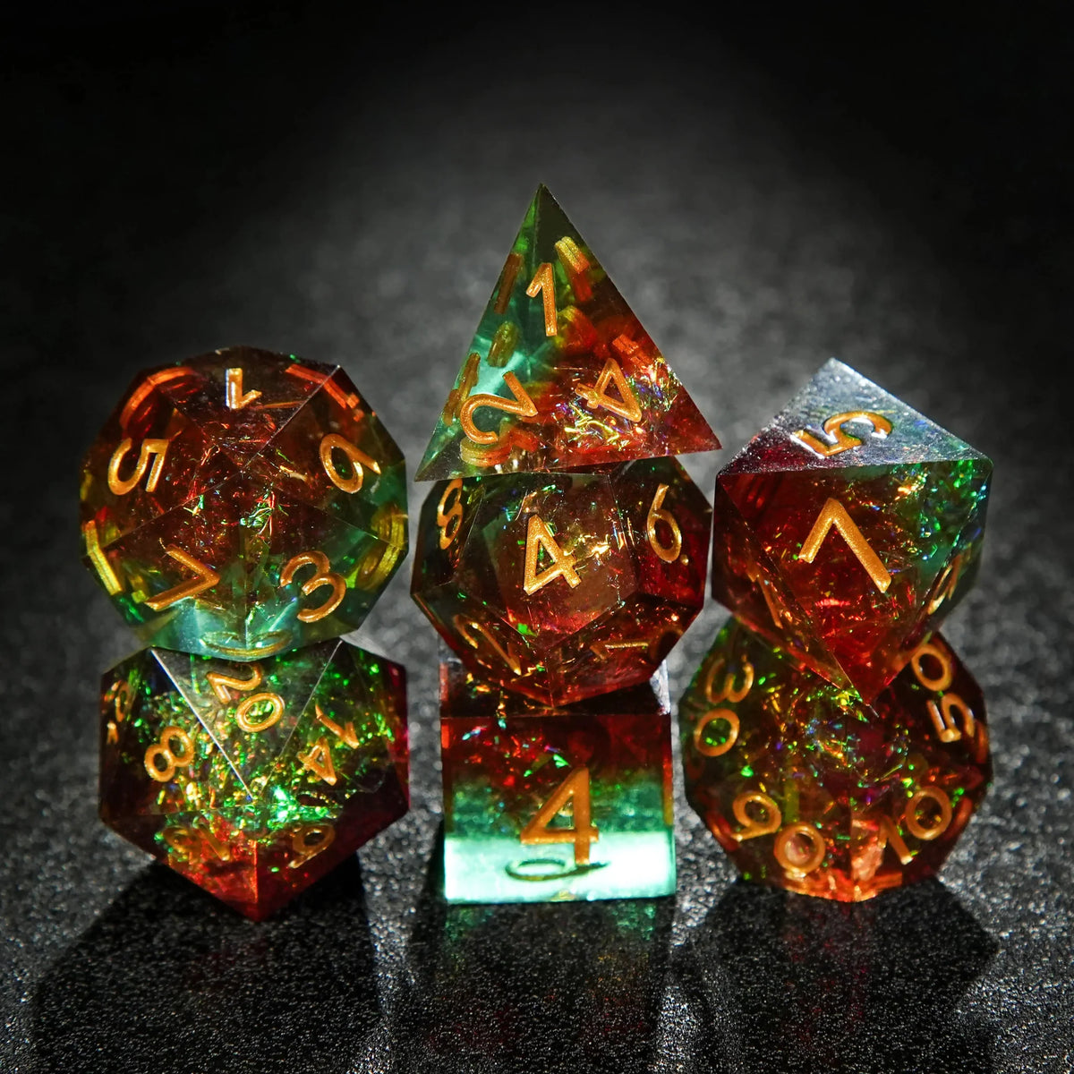 Character Resin DND Dice Set – Gold Numbers – Brown Green Resin DND Dice Set + Gold Font
