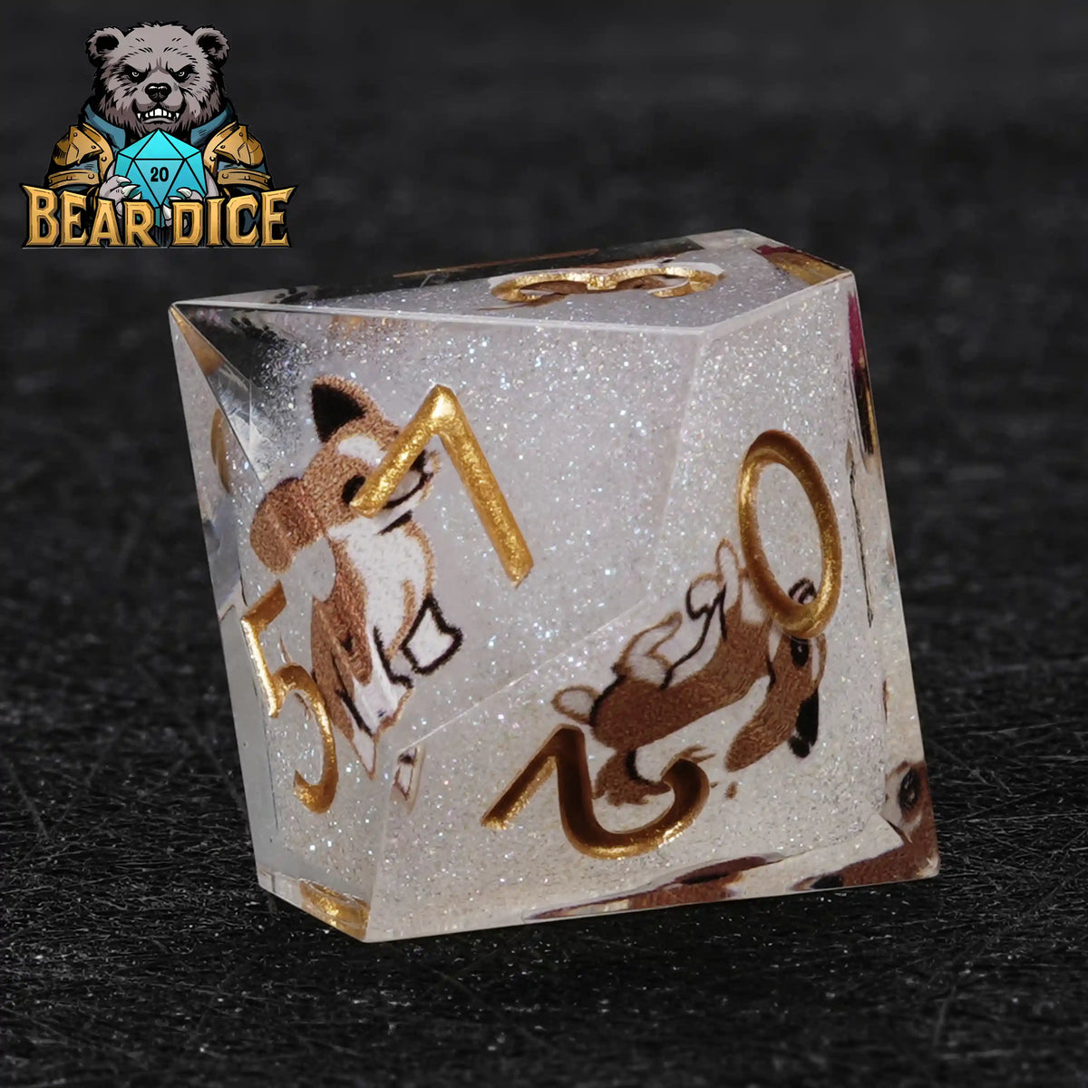 Chihuahua Resin D10 Dice – Gold Numbers – Close-up of a single Chihuahua White Glitter Resin D10 Die, gold engraved
