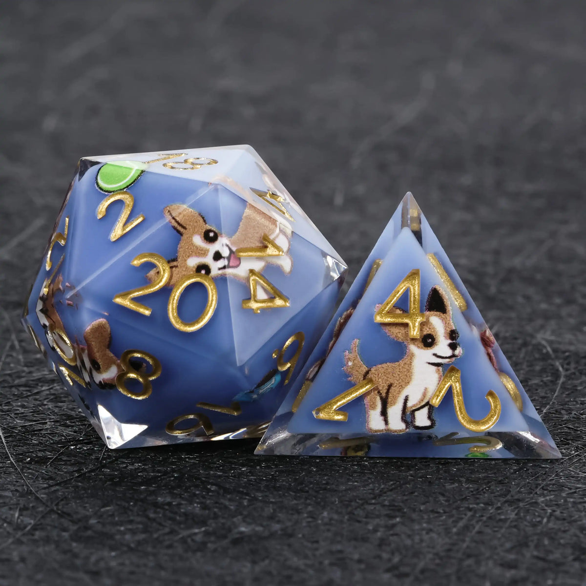 Chihuahua Resin DND Dice Set – Kickstarter Dice – Blue Resin Chihuahua DND D20 and D4 Dice
