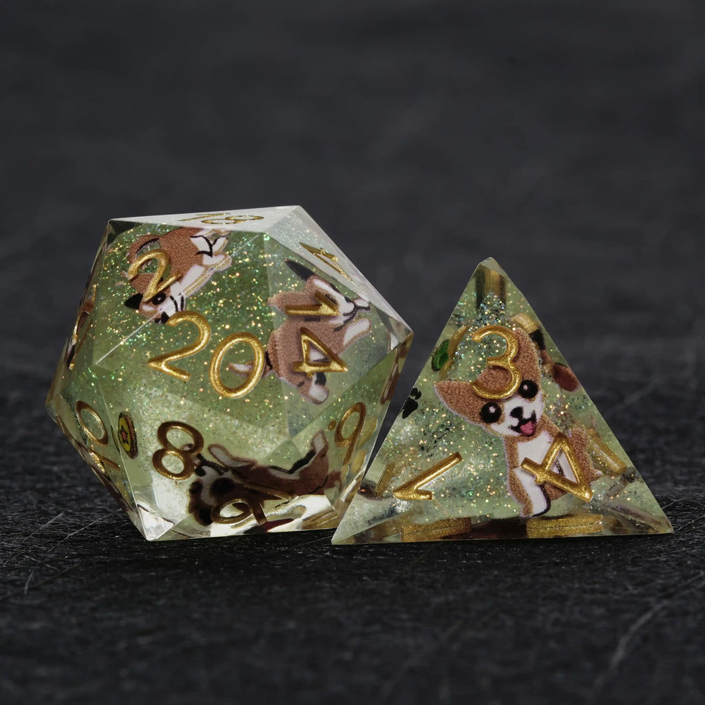 Chihuahua Resin DND Dice Set – Kickstarter Dice – Green Glitter Resin Chihuahua DND D20 and D4 Dice
