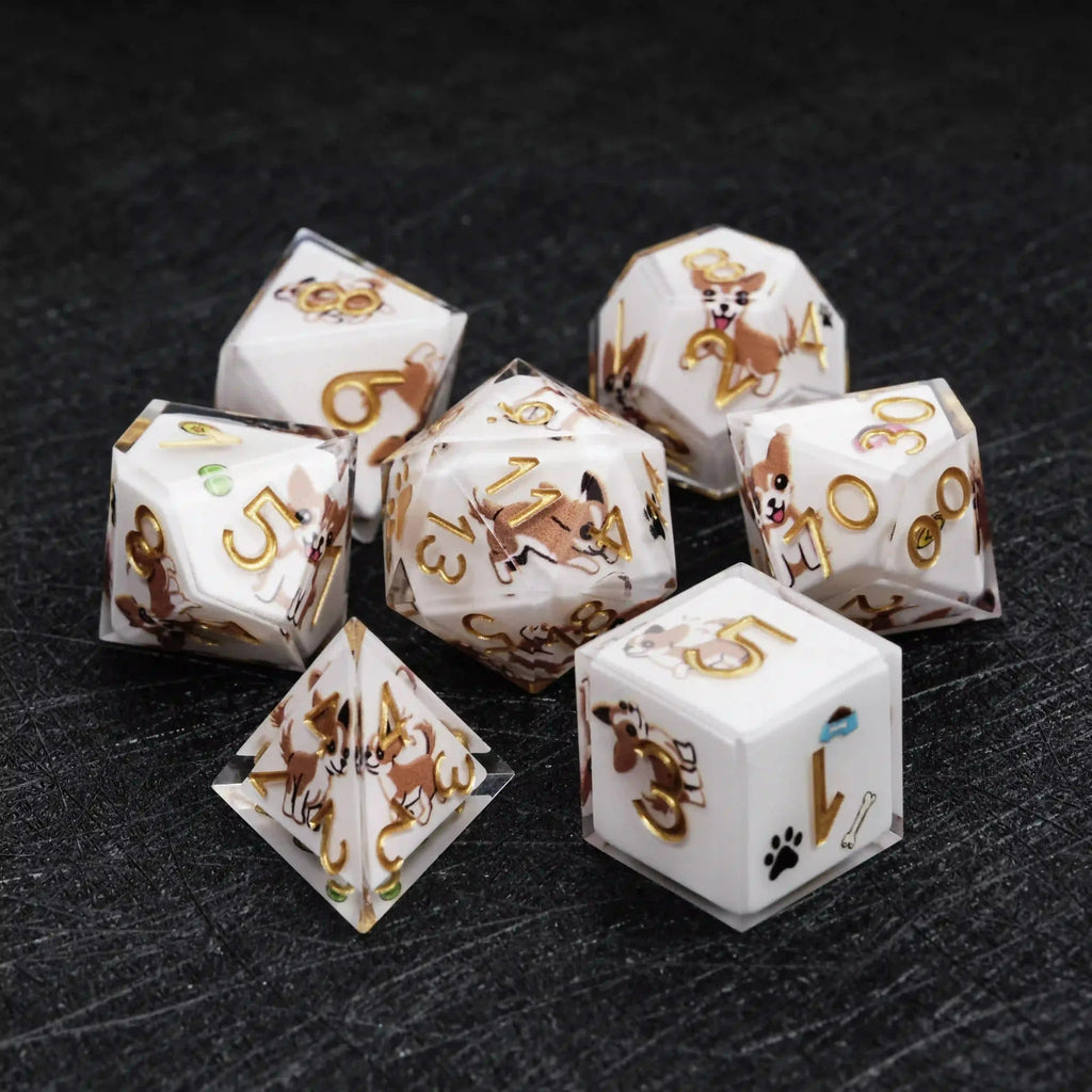 Chihuahua Resin DND Dice Set – Kickstarter Dice – Sharp-Edged White Resin Chihuahua DND Dice Set