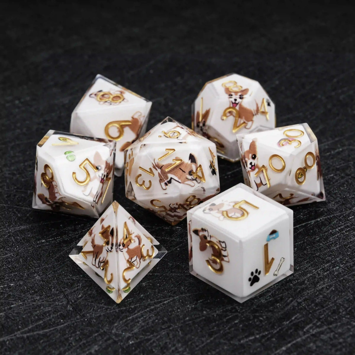 Chihuahua Resin DND Dice Set – Kickstarter Dice – Sharp-Edged White Resin Chihuahua DND Dice Set