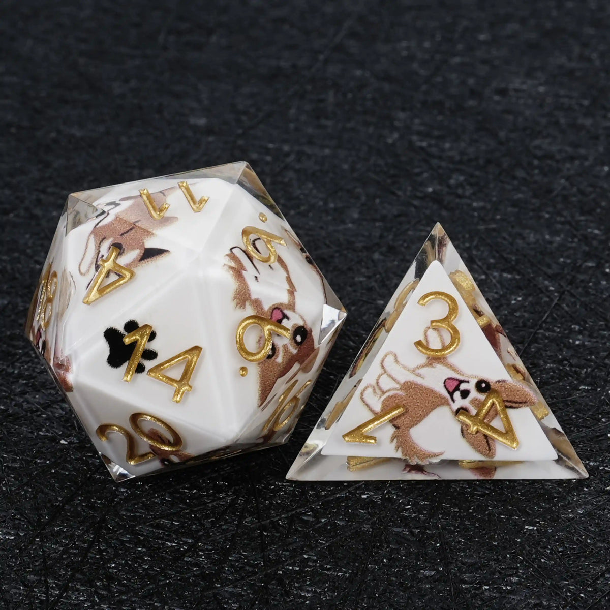 Chihuahua Resin DND Dice Set – Kickstarter Dice – White Resin Chihuahua DND D20 and D4 Dice