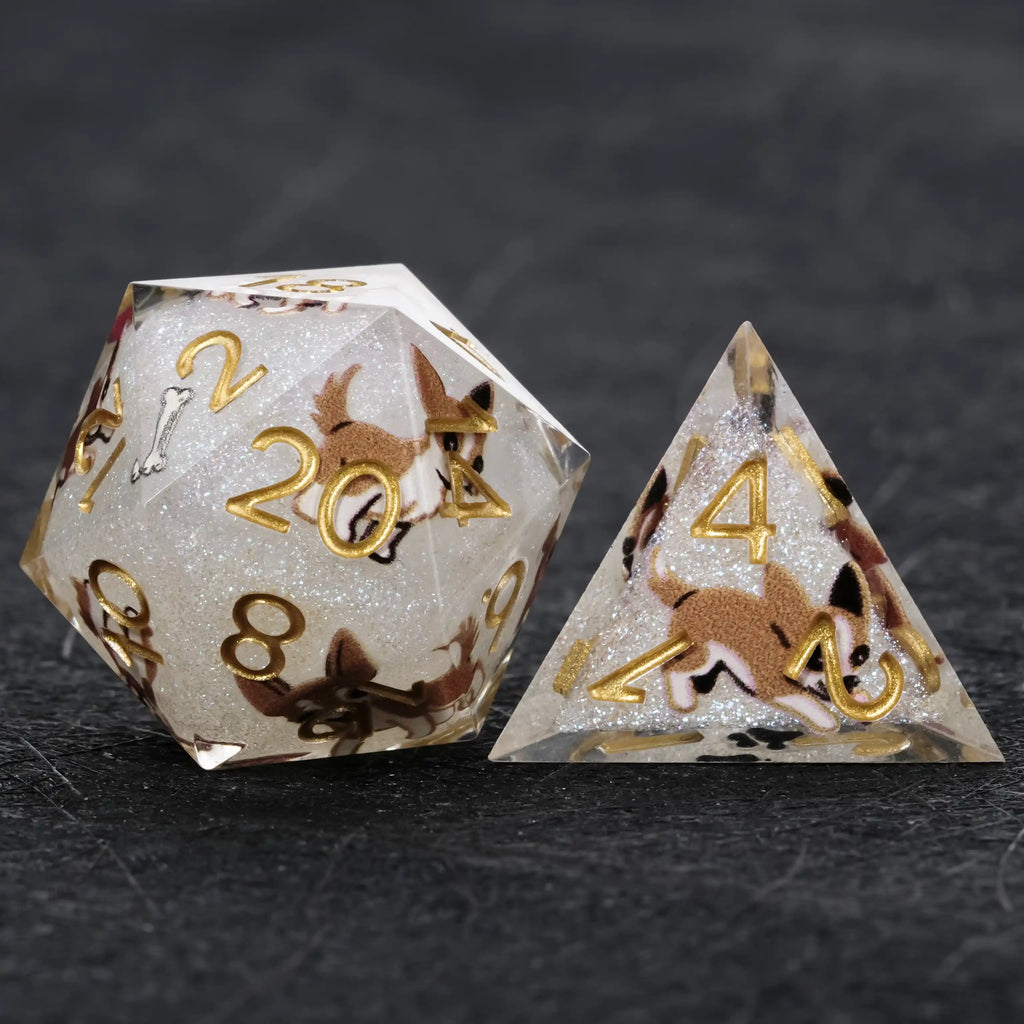 Chihuahua Resin DND Dice Set – Kickstarter Dice – White Glitter Resin Chihuahua DND D20 and D4 Dice