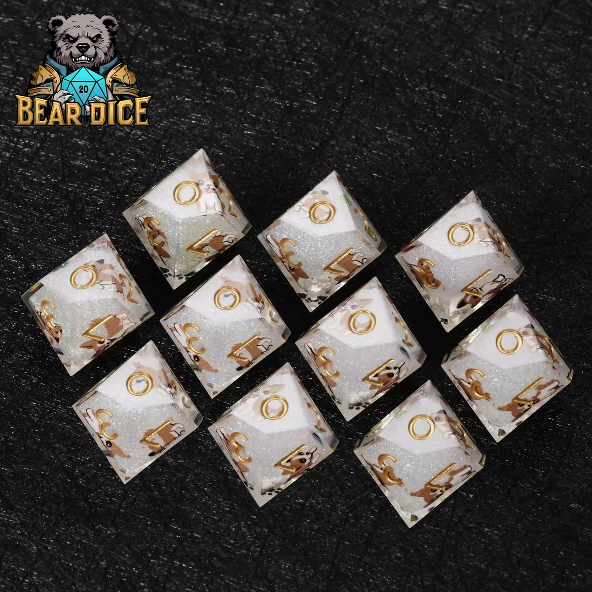 Chihuahua Resin D10 Dice – Gold Numbers – Top view of 10 Chihuahua White Glitter Resin D10 Dice, dog-themed dice with