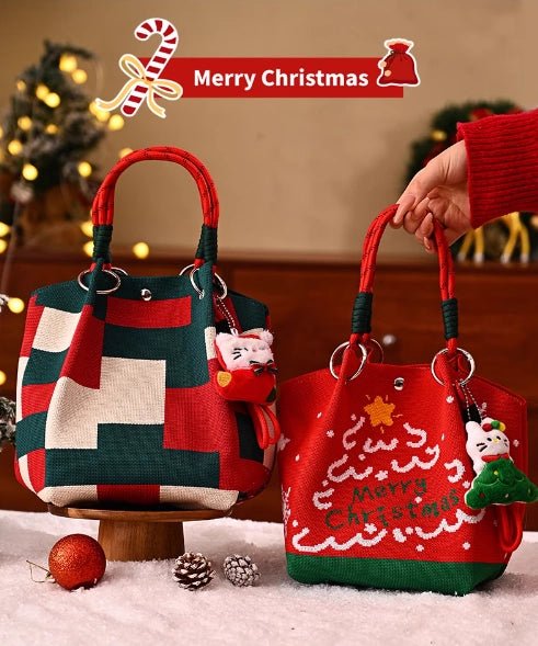 Christmas Dice Box – Knitted Tote – Portable – Portable Christmas gift tote bag, Santa Claus, Christmas tree, and