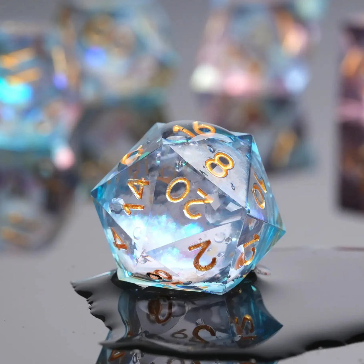Clear Powder Liquid Core Dice Set – Gold Numbers – Clear Powder Blue Resin Dice Quicksilver Glitter with Inlaid Gold