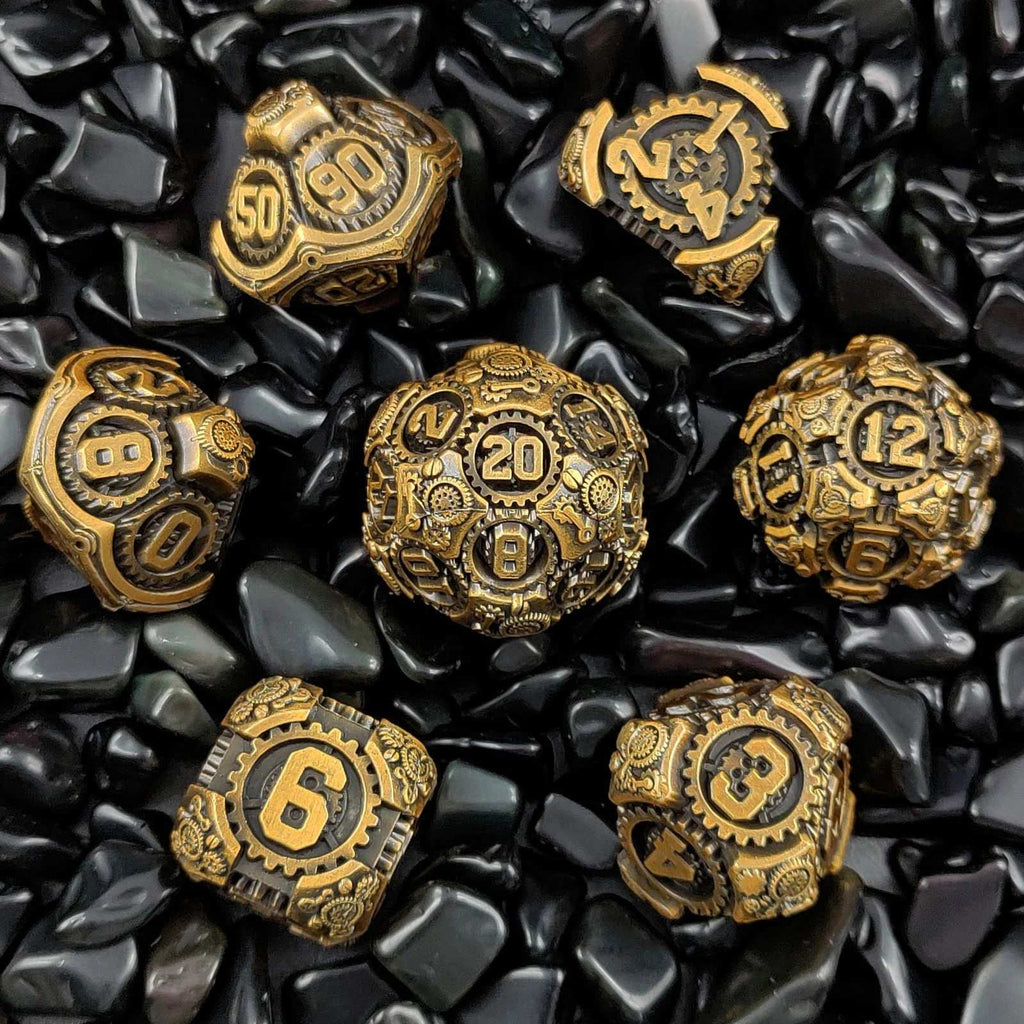 Colored Mechanical Metal DND Dice Set – Steam Age - Brass - colored mechanical gear metal dice set