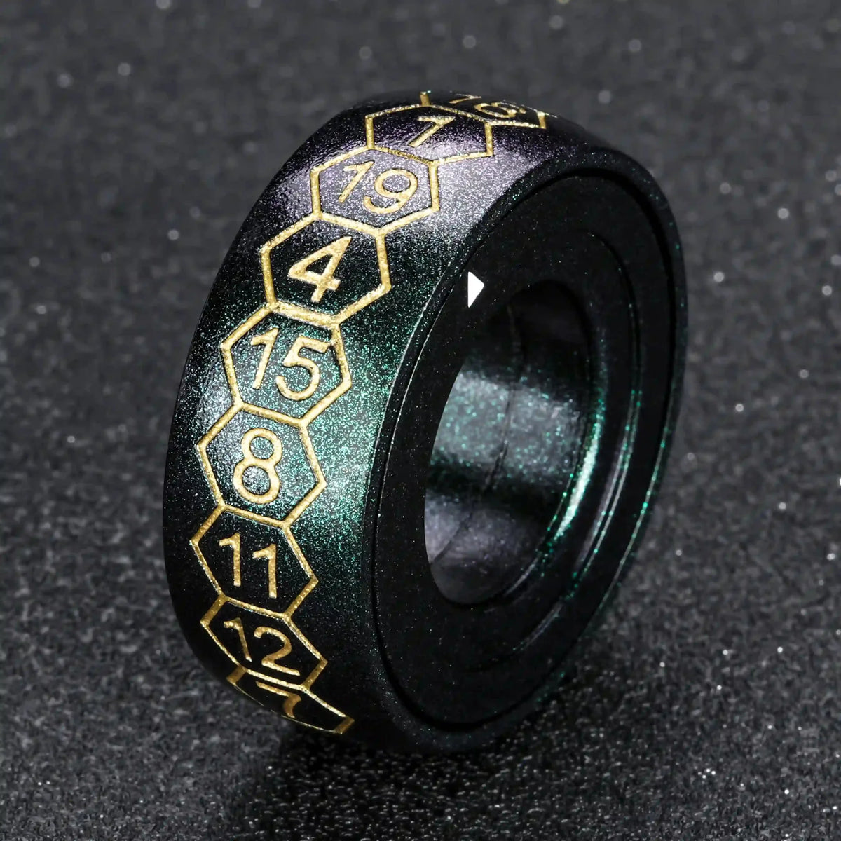 Fingertip Ring Metal Spinner Dice Set – Cool gradient green metallic fingertip rotating D20 dice ring, gold numbers