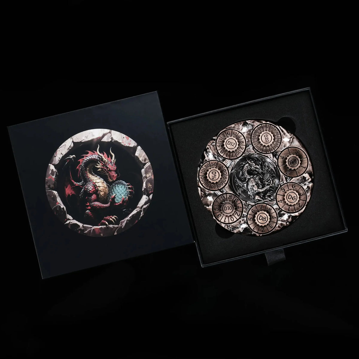 Dragon Metal Spinner Dice Set – Relief – Unique Dice Spinner: 7-in-1 Copper Metal 3D Embossed Dragon DND Spinner with a