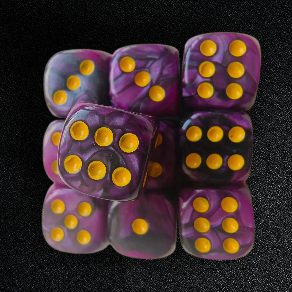 Corner Acrylic D6 Dice Set – Rounded corner twin black and purple acrylic 10 x D6 dice set