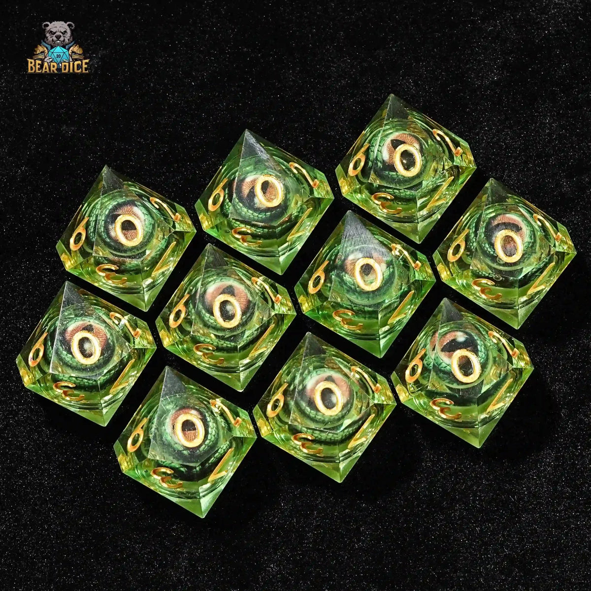 Crocodile Eye Liquid Core Dice Set – Green transparent resin D10 dice - crocodile eye liquid core ten - sided dice