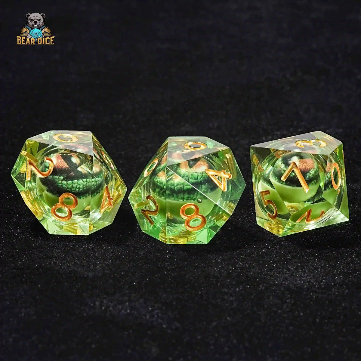 Crocodile Eye Liquid Core Dice Set – Green transparent resin D10 dice - crocodile eye liquid core ten - sided dice