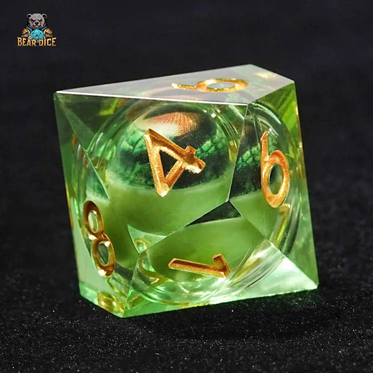 Crocodile Eye Liquid Core Dice Set – Green transparent resin D10 dice - crocodile eye liquid core ten - sided dice