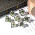 Crocodile Eyes Liquid Core DND Dice Set – Green Crocodile Eye Core Resin DND Dice Set + Silver Font Transparency