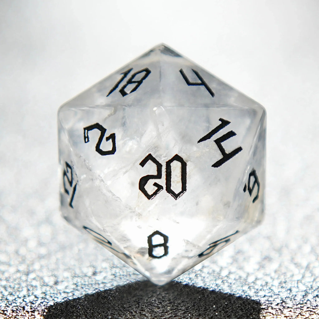 Crystal Lettered Natural Stone D&D Dice Set – White crystal Black lettered gem D&D dice set