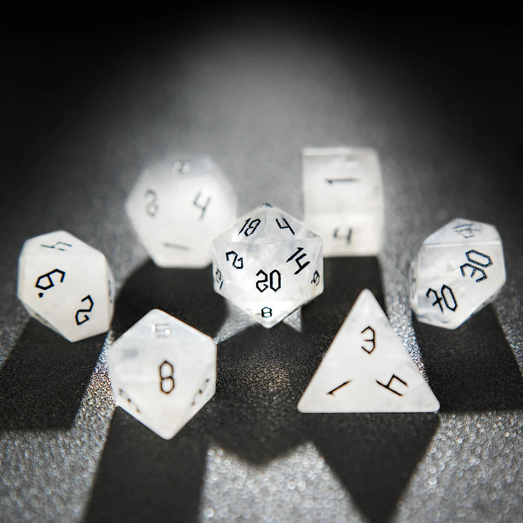 Crystal Lettered Natural Stone D&D Dice Set – White crystal Black lettered gem D&D dice set