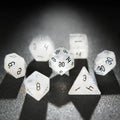 Crystal Lettered Natural Stone D&D Dice Set – White crystal Black lettered gem D&D dice set