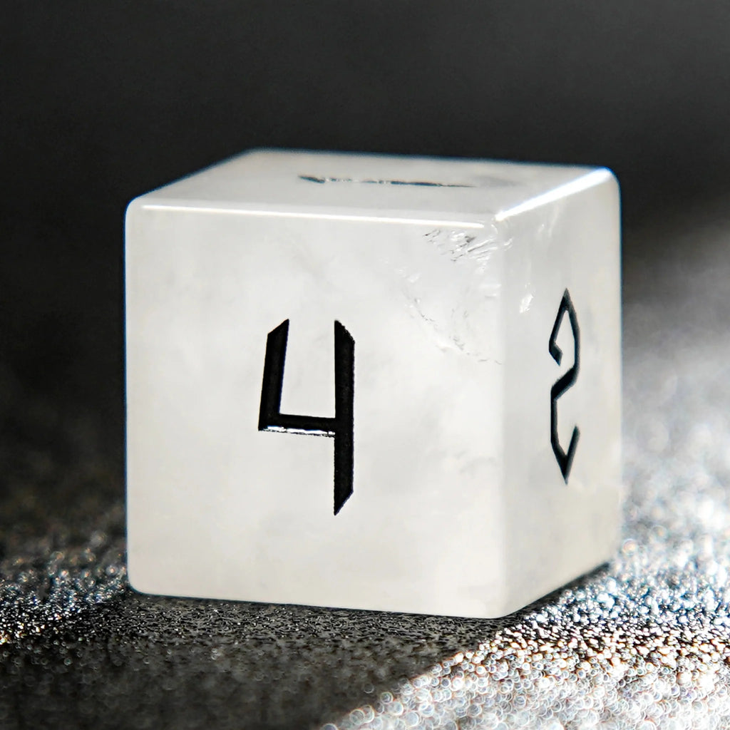 Crystal Lettered Natural Stone D&D Dice Set – White crystal Black lettered gem D&D dice set
