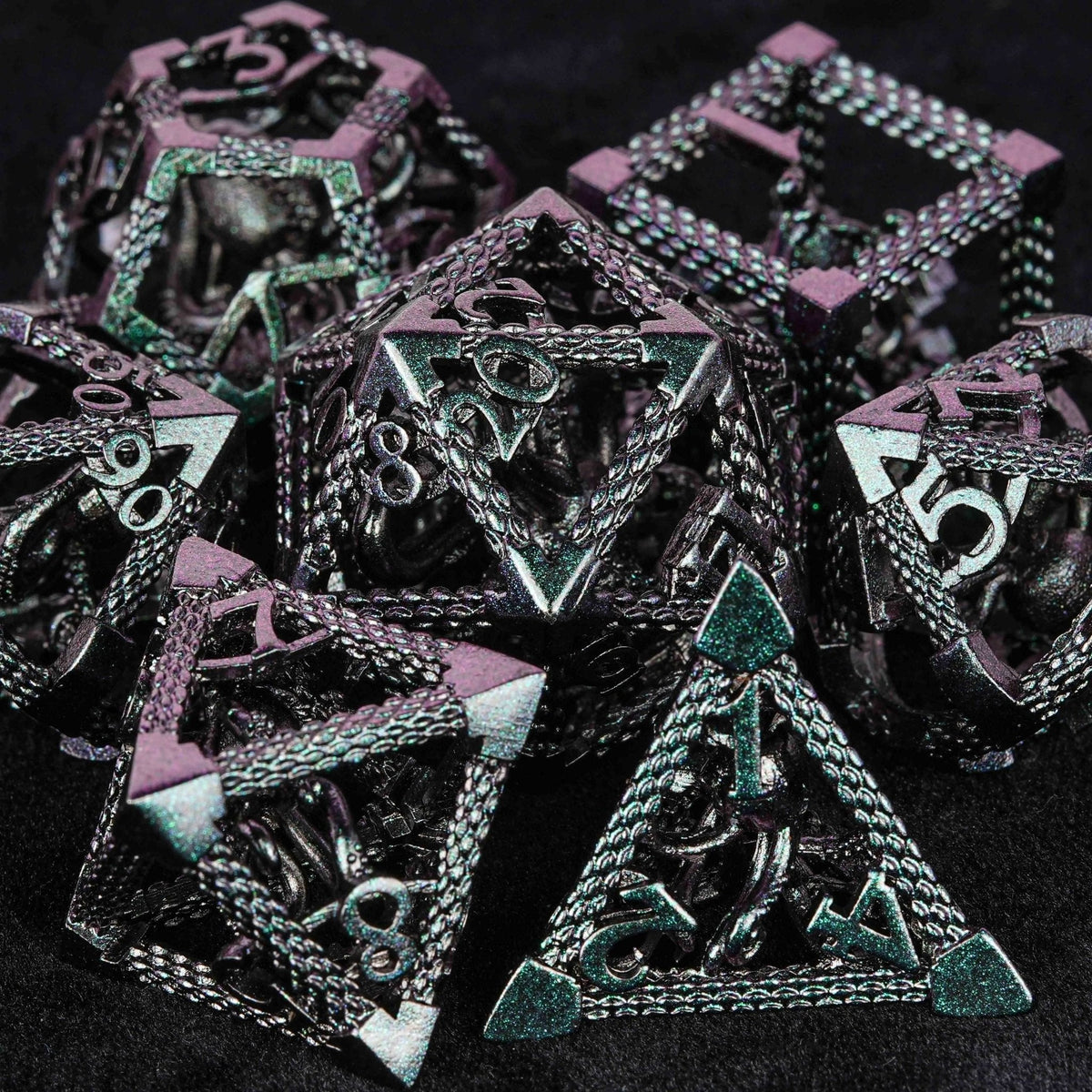 Cthulhu Octopus Metal DND Dice Set – Cthulhu - Octopus Monster Purple Green Metal Hollow Dice Set