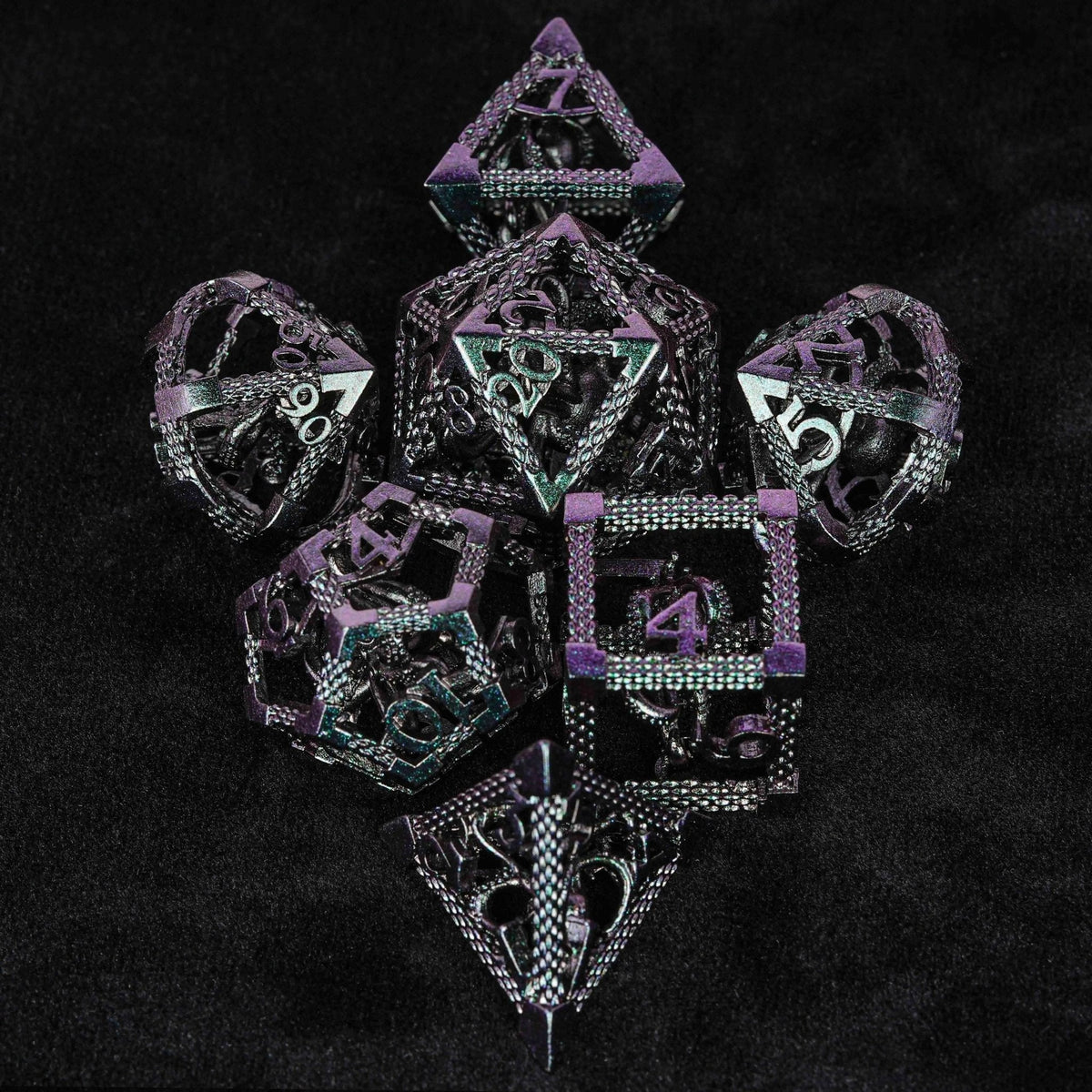Cthulhu Octopus Metal DND Dice Set – Cthulhu - Octopus Monster Purple Green Metal Hollow Dice Set