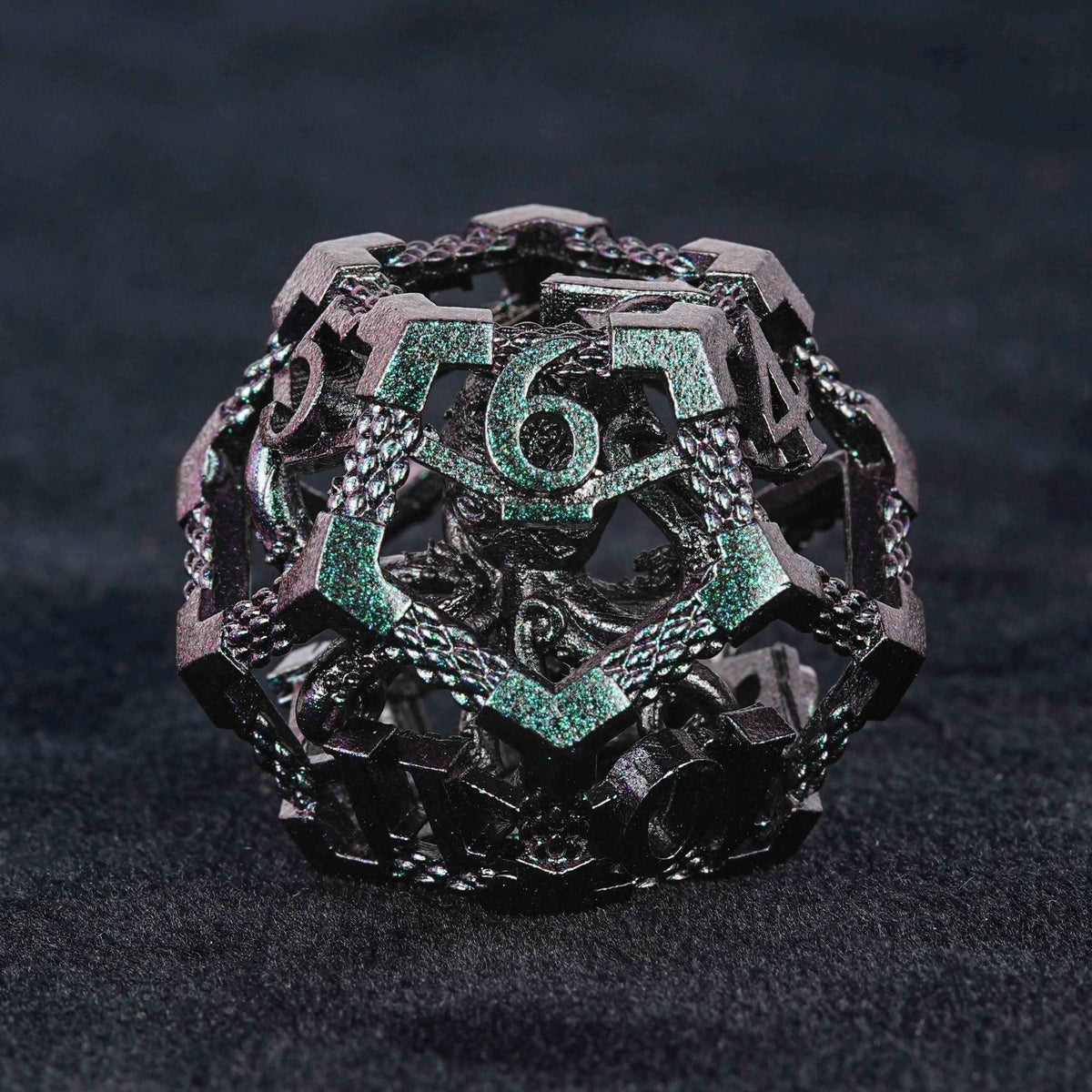 Cthulhu Octopus Metal DND Dice Set – Cthulhu - Octopus Monster Purple Green Metal Hollow Dice Set