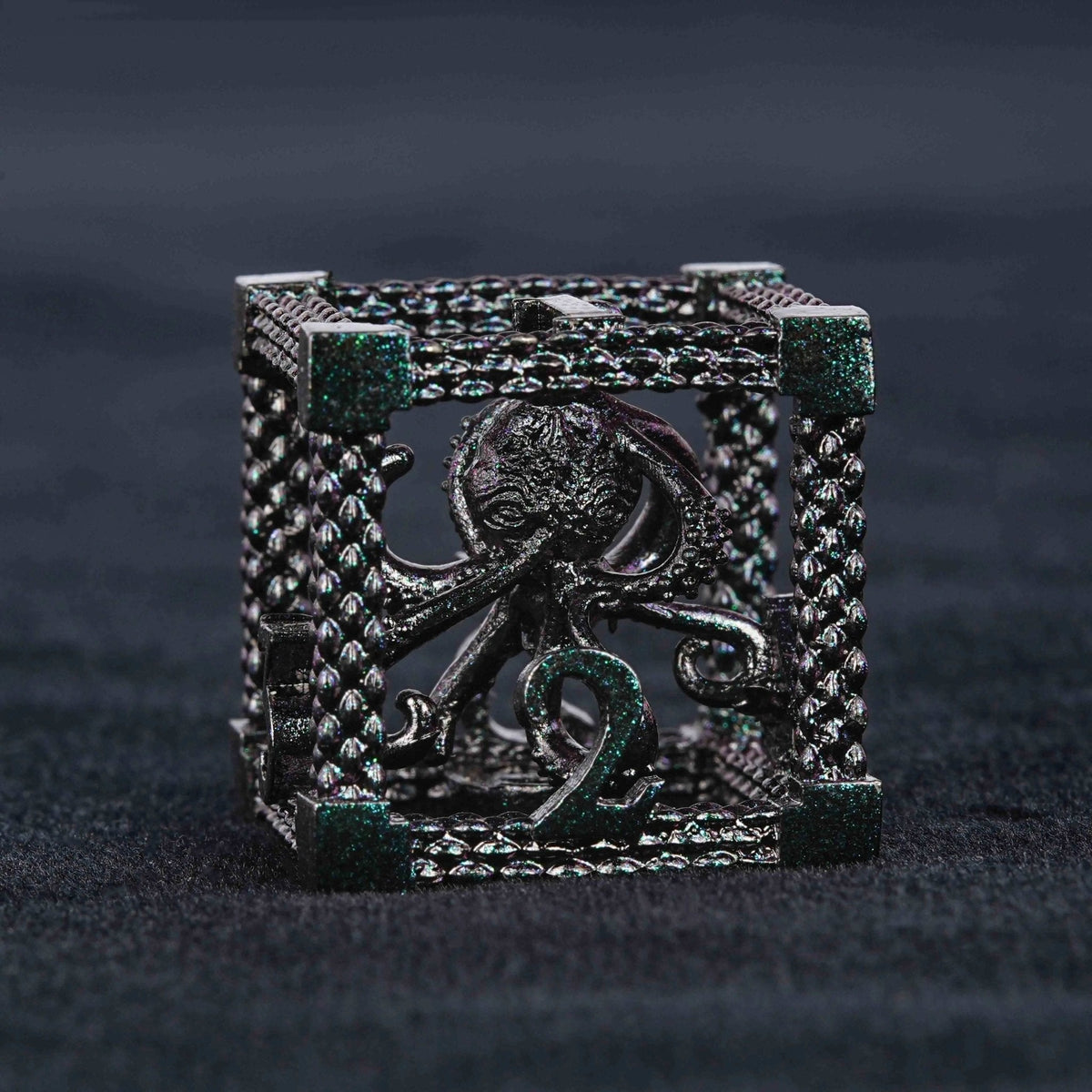 Cthulhu Octopus Metal DND Dice Set – Cthulhu - Octopus Monster Purple Green Metal Hollow Dice Set